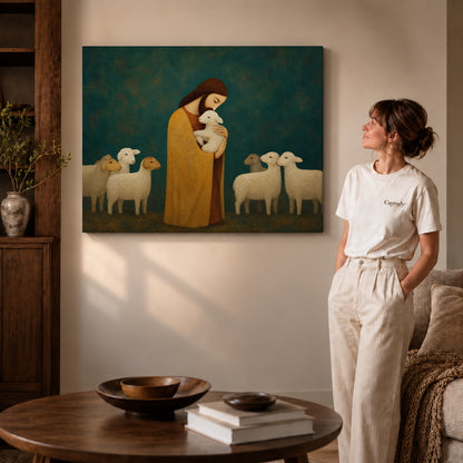 Gallery wrapped gentle shepherd canvas art with visible canvas edges beside a standing woman.