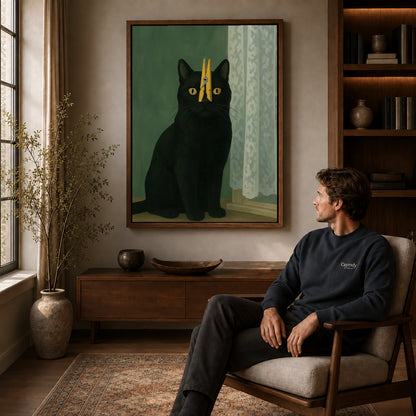Clothespin Cat canvas art above a wooden console beside a seated man in a warm room.