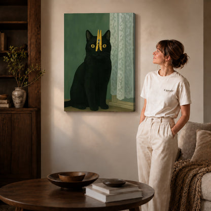 Clothespin Cat canvas art displayed as gallery wrapped canvas beside a woman in natural light.