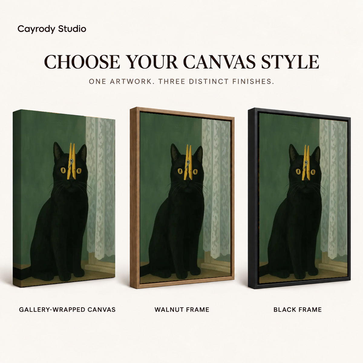 Clothespin Cat canvas art comparing gallery wrapped canvas, walnut frame, and black frame finishes.