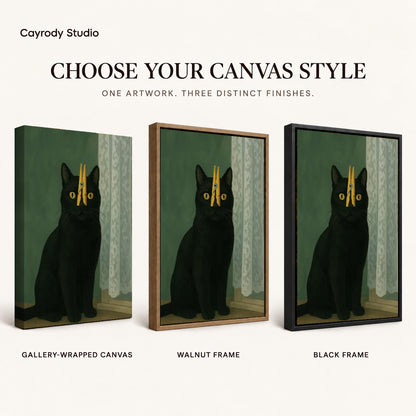 Clothespin Cat canvas art comparing gallery wrapped canvas, walnut frame, and black frame finishes.