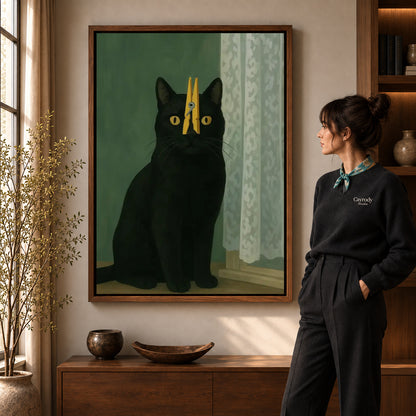 Walnut framed clothespin cat canvas art shown beside a standing woman and a wooden console.
