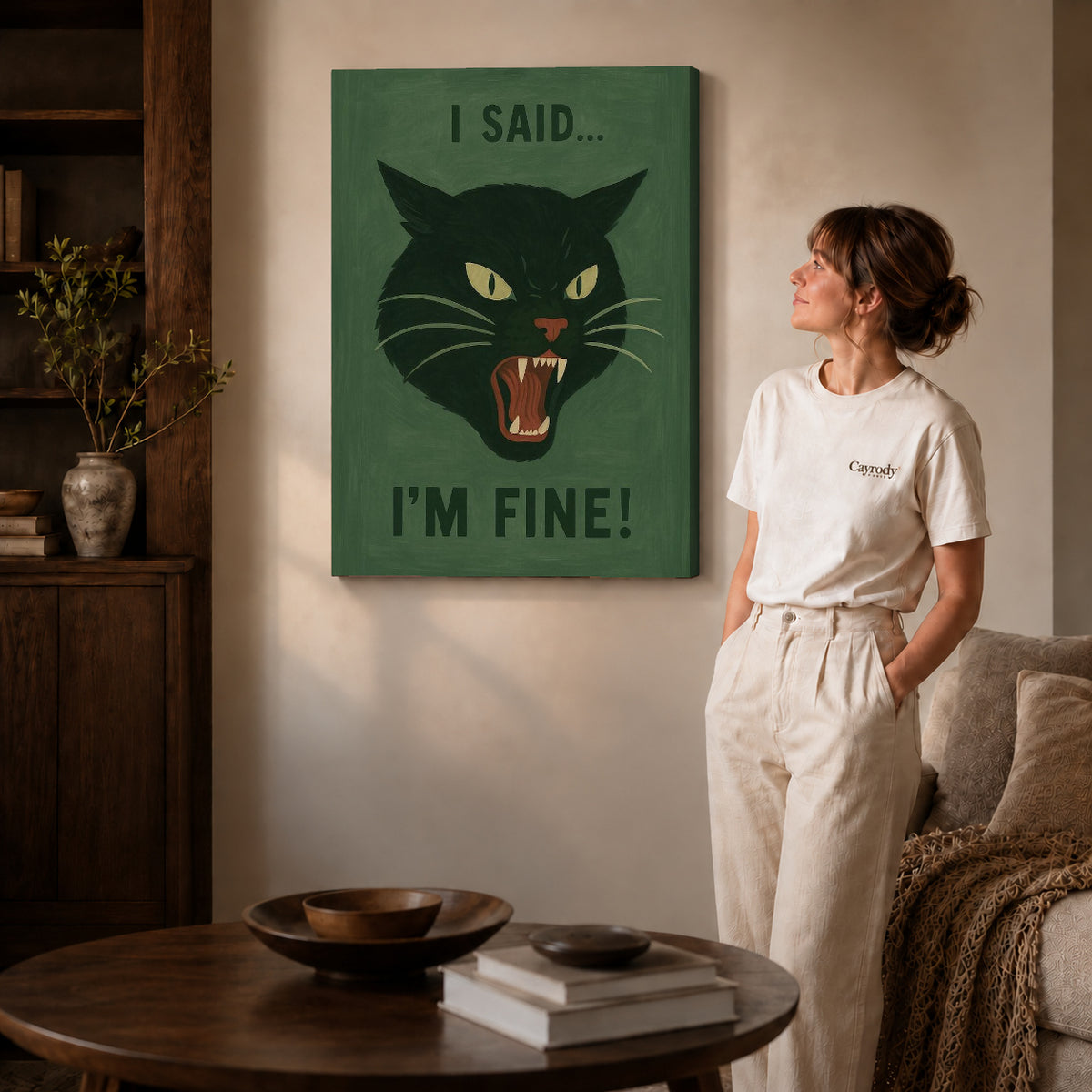 Grumpy Cat canvas art displayed as gallery wrapped canvas beside a woman in natural light.