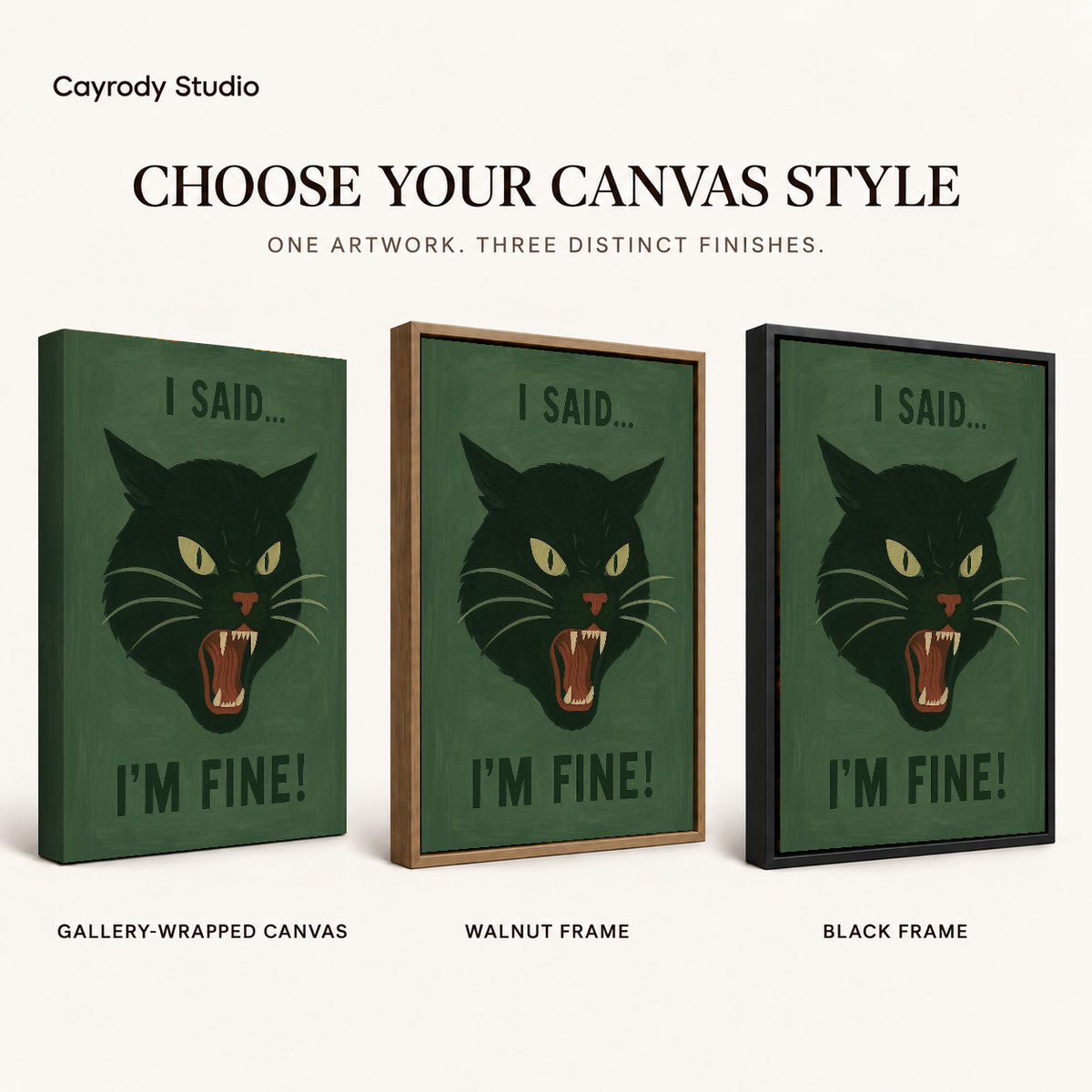 Grumpy Cat canvas art comparing gallery wrapped canvas, walnut frame, and black frame finishes.