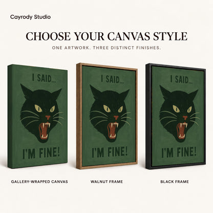 Grumpy Cat canvas art comparing gallery wrapped canvas, walnut frame, and black frame finishes.