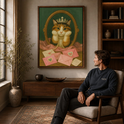 Royal Cat canvas art above a wooden console beside a seated man in a warm room.