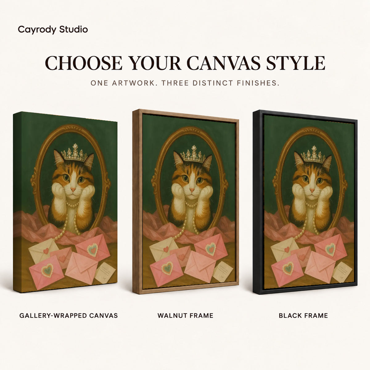 Royal Cat canvas art comparing gallery wrapped canvas, walnut frame, and black frame finishes.