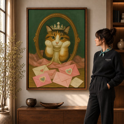 Walnut framed royal cat canvas art shown beside a standing woman and a wooden console.