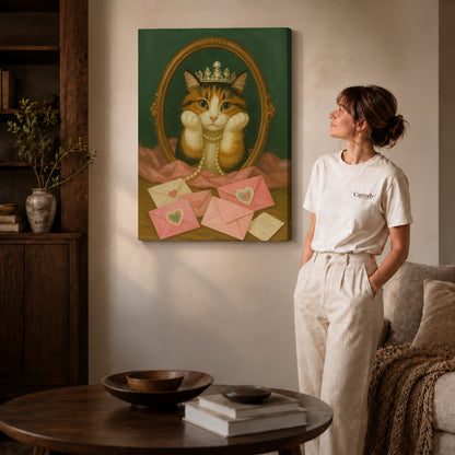 Gallery wrapped royal cat canvas art with visible canvas edges beside a standing woman.