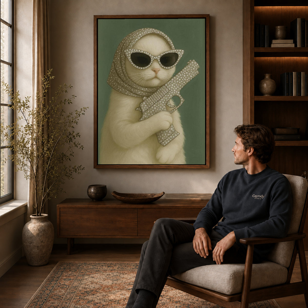 Glamorous Cat canvas art above a wooden console beside a seated man in a warm room.