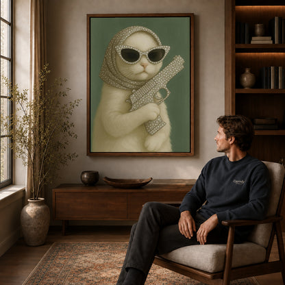 Glamorous Cat canvas art above a wooden console beside a seated man in a warm room.