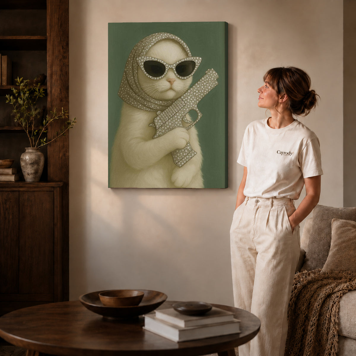 Glamorous Cat canvas art displayed as gallery wrapped canvas beside a woman in natural light.