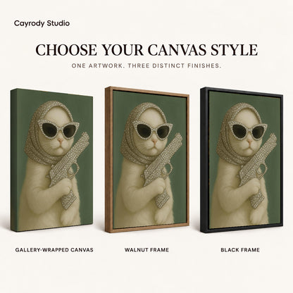 Glamorous Cat canvas art comparing gallery wrapped canvas, walnut frame, and black frame finishes.