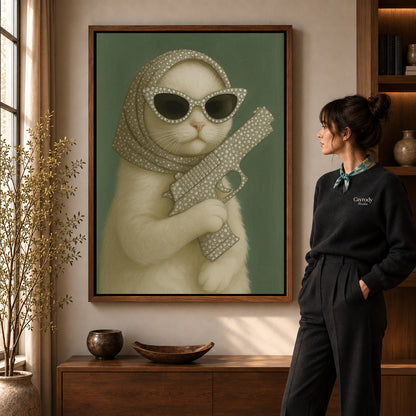 Walnut framed glamorous cat canvas art shown beside a standing woman and a wooden console.