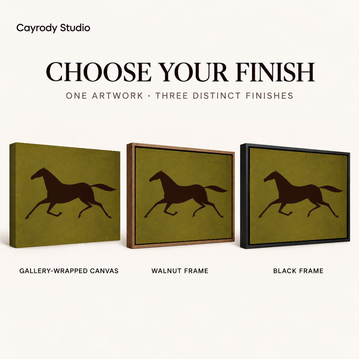 Galloping Horse canvas art comparing gallery wrapped canvas, walnut frame, and black frame finishes.