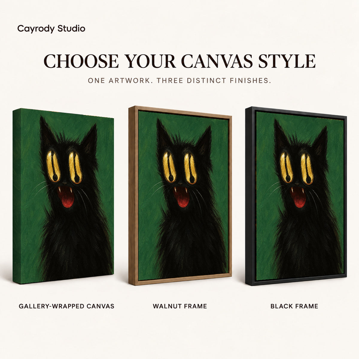 Golden Eyed Cat canvas art comparing gallery wrapped canvas, walnut frame, and black frame finishes.