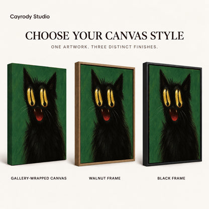 Golden Eyed Cat canvas art comparing gallery wrapped canvas, walnut frame, and black frame finishes.