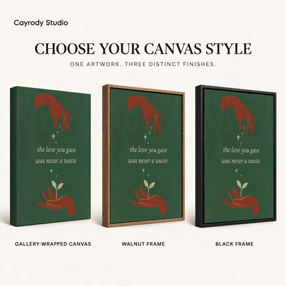 Growing Love canvas art comparing gallery wrapped canvas, walnut frame, and black frame finishes.