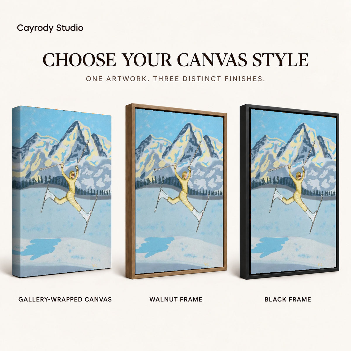 Joyful Skier canvas art comparing gallery wrapped canvas, walnut frame, and black frame finishes.