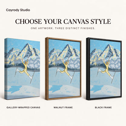 Joyful Skier canvas art comparing gallery wrapped canvas, walnut frame, and black frame finishes.