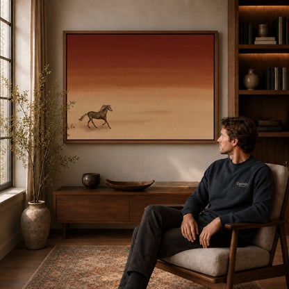 Desert Horse canvas art above a wooden console beside a seated man in a warm room.