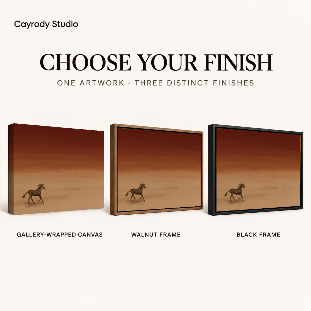 Desert Horse canvas art comparing gallery wrapped canvas, walnut frame, and black frame finishes.