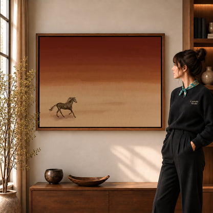 Walnut framed desert horse canvas art shown beside a standing woman and a wooden console.
