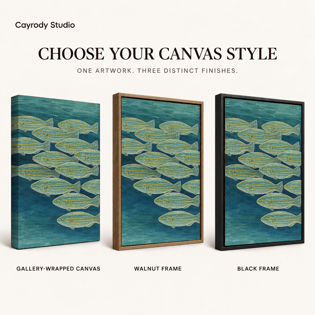 Swimming Fish canvas art comparing gallery wrapped canvas, walnut frame, and black frame finishes.