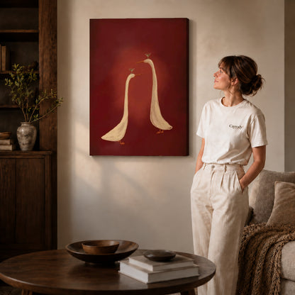 Cocktail Geese canvas art displayed as gallery wrapped canvas beside a woman in natural light.