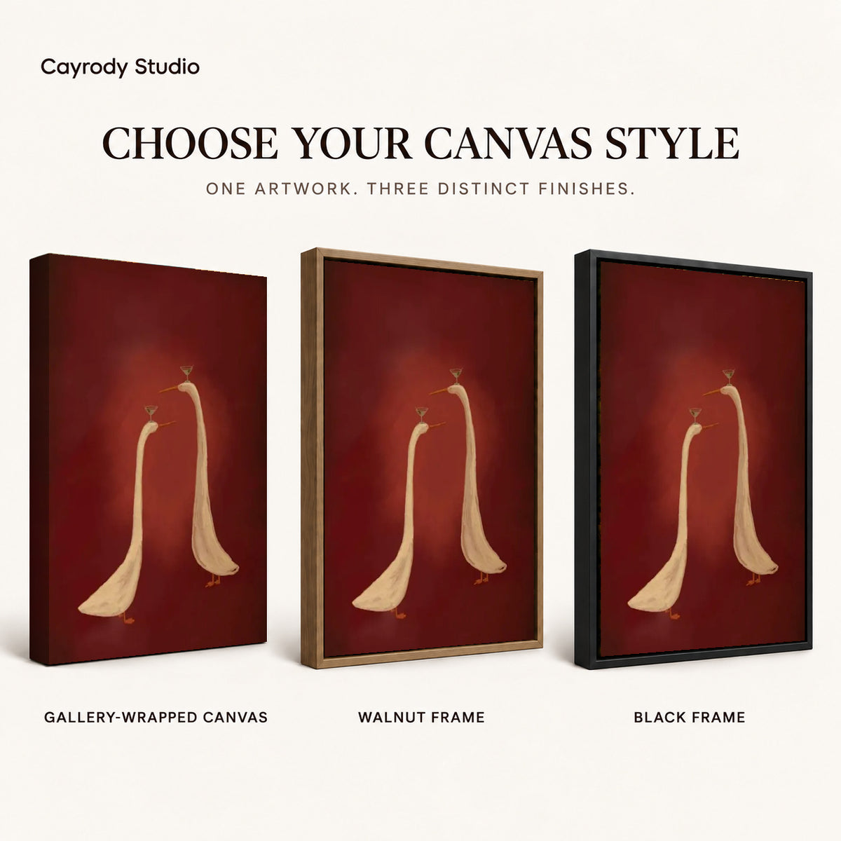 Cocktail Geese canvas art comparing gallery wrapped canvas, walnut frame, and black frame finishes.