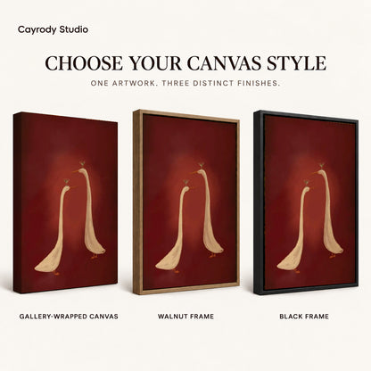 Cocktail Geese canvas art comparing gallery wrapped canvas, walnut frame, and black frame finishes.