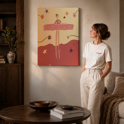 Playful Ballerina canvas art displayed as gallery wrapped canvas beside a woman in natural light.