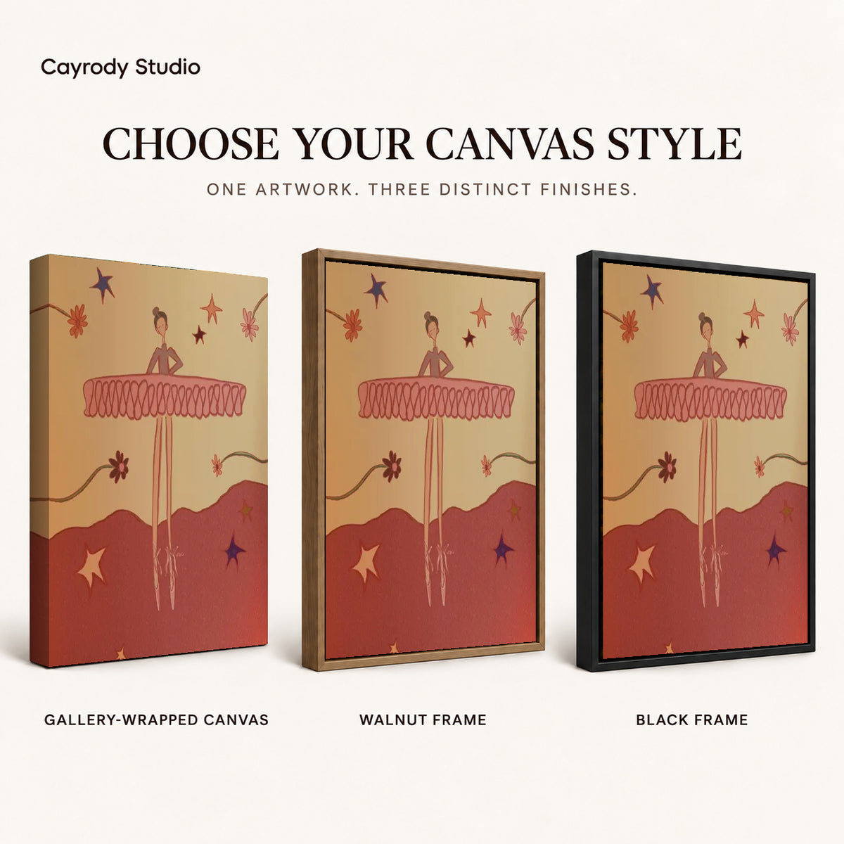 Playful Ballerina canvas art comparing gallery wrapped canvas, walnut frame, and black frame finishes.