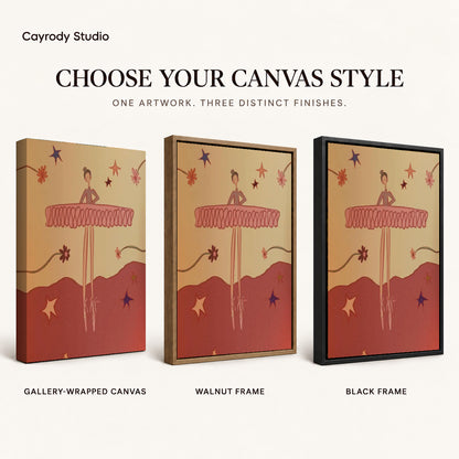 Playful Ballerina canvas art comparing gallery wrapped canvas, walnut frame, and black frame finishes.
