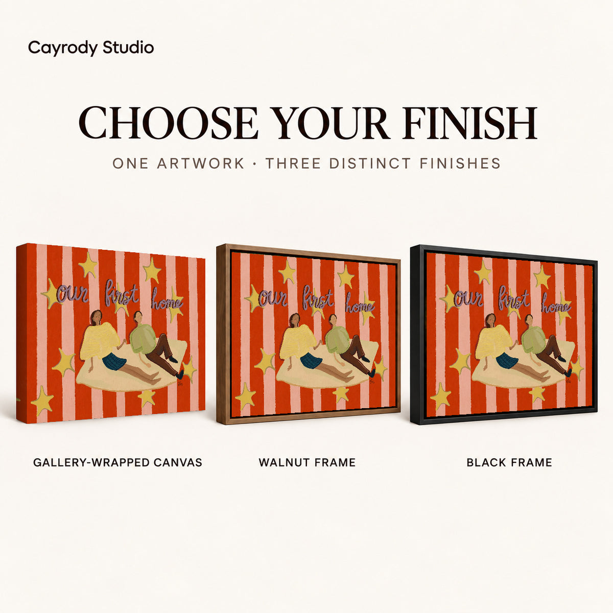 First Home Couple canvas art comparing gallery wrapped canvas, walnut frame, and black frame finishes.