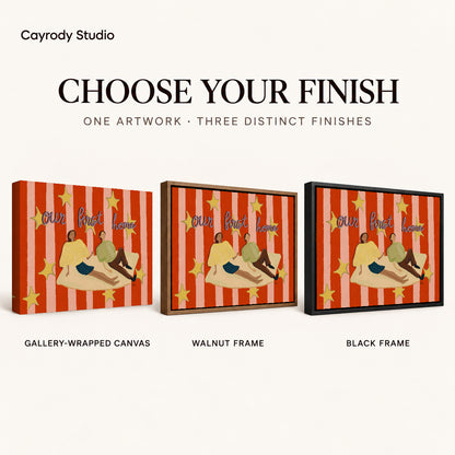 First Home Couple canvas art comparing gallery wrapped canvas, walnut frame, and black frame finishes.