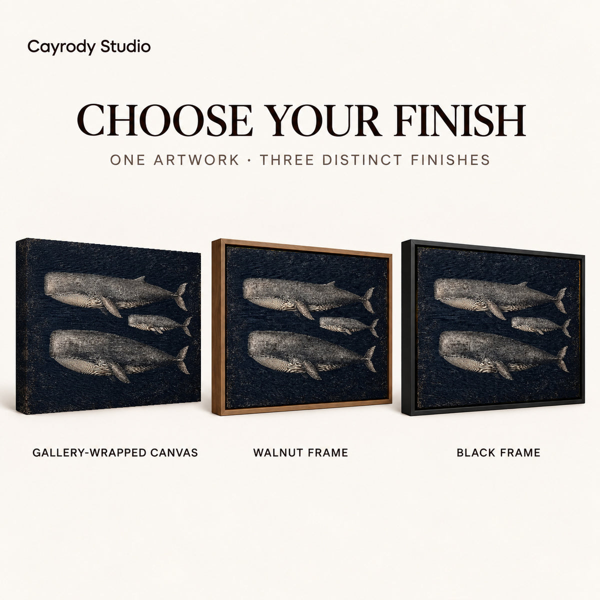Vintage Whale Trio canvas art comparing gallery wrapped canvas, walnut frame, and black frame finishes.