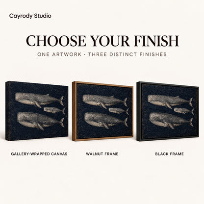 Vintage Whale Trio canvas art comparing gallery wrapped canvas, walnut frame, and black frame finishes.