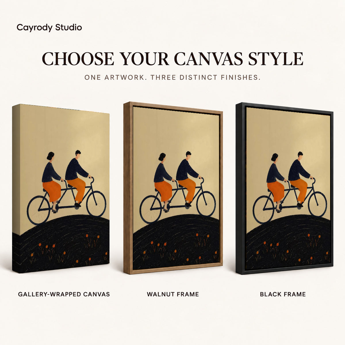 Tandem Ride canvas art comparing gallery wrapped canvas, walnut frame, and black frame finishes.