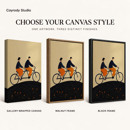 Tandem Ride canvas art comparing gallery wrapped canvas, walnut frame, and black frame finishes.