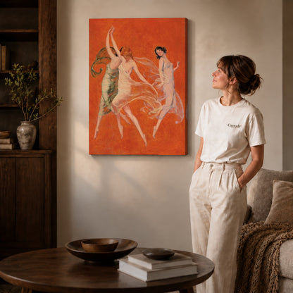 Graceful Dancers canvas art displayed as gallery wrapped canvas beside a woman in natural light.