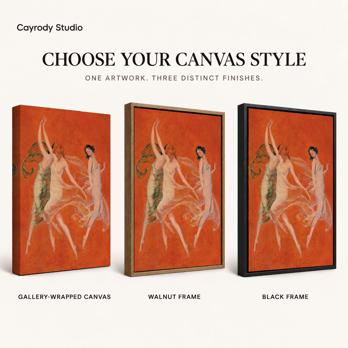 Graceful Dancers canvas art comparing gallery wrapped canvas, walnut frame, and black frame finishes.