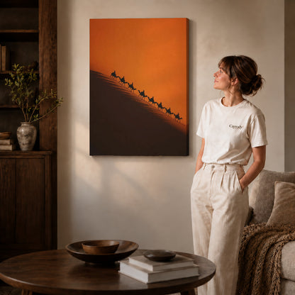 Desert Caravan canvas art displayed as gallery wrapped canvas beside a woman in natural light.
