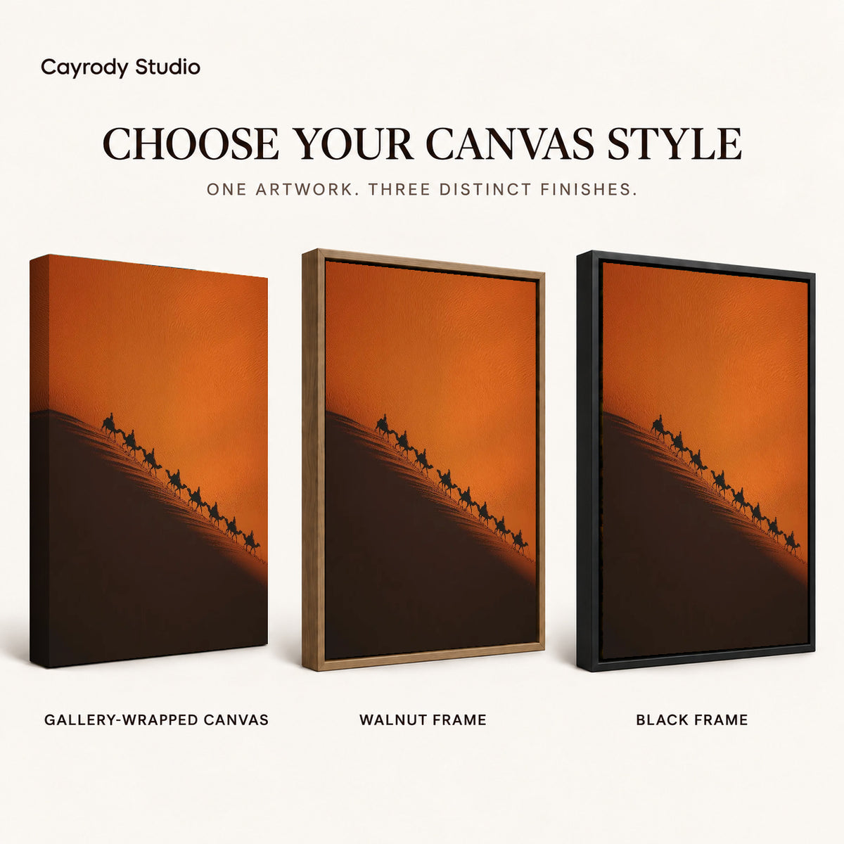 Desert Caravan canvas art comparing gallery wrapped canvas, walnut frame, and black frame finishes.