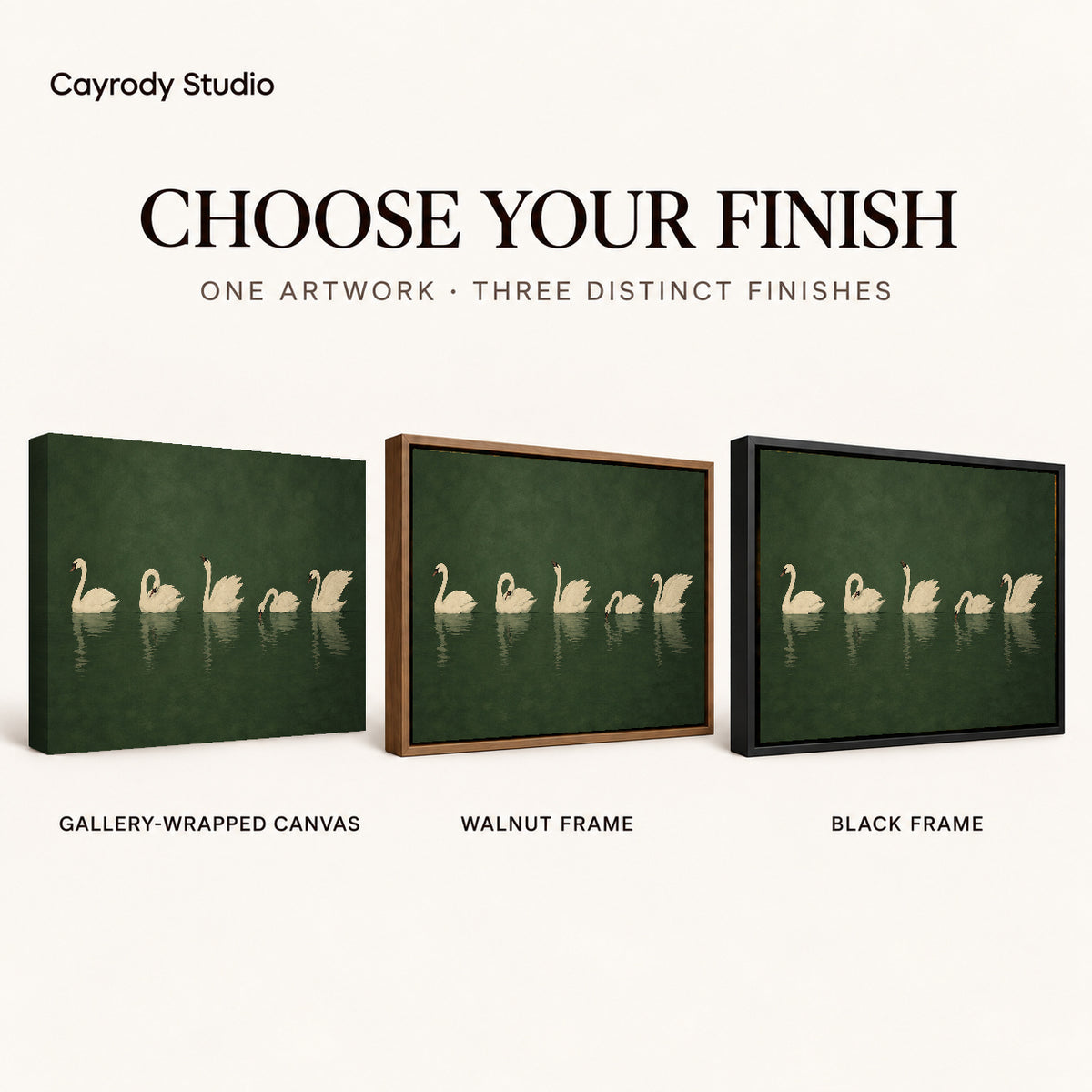 Quiet Swan Gathering canvas art comparing gallery wrapped canvas, walnut frame, and black frame finishes.
