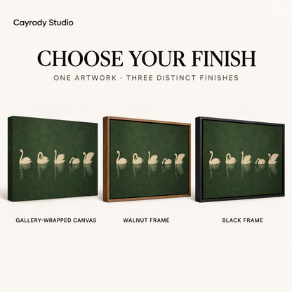Quiet Swan Gathering canvas art comparing gallery wrapped canvas, walnut frame, and black frame finishes.
