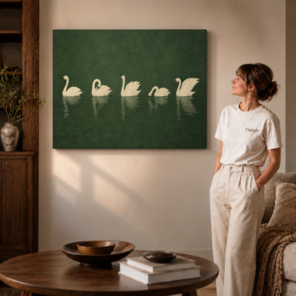 Gallery wrapped quiet swan gathering canvas art with visible canvas edges beside a standing woman.