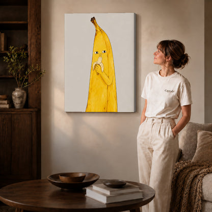 Banana Snack canvas art displayed as gallery wrapped canvas beside a woman in natural light.