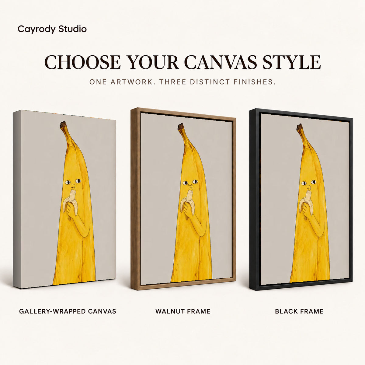 Banana Snack canvas art comparing gallery wrapped canvas, walnut frame, and black frame finishes.