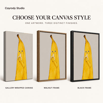 Banana Snack canvas art comparing gallery wrapped canvas, walnut frame, and black frame finishes.
